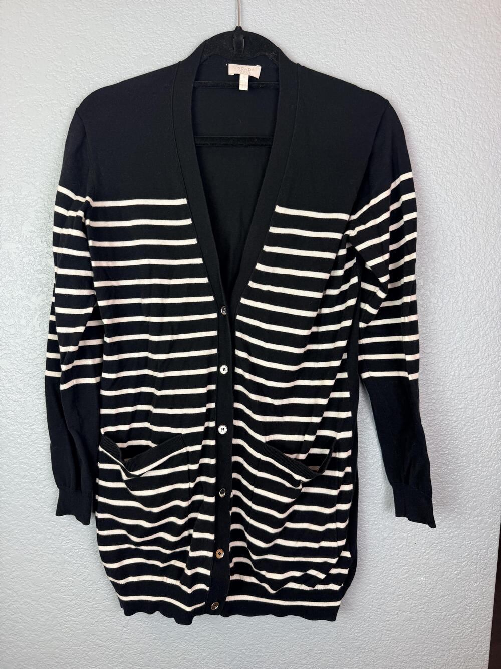 Escada Sport Cardigan Sweater Womens Small Black Striped Longline Cotton Pockets